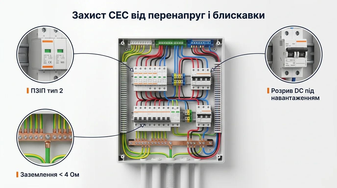 Інфографіка: Захист СЕС від перенапруг і блискавки: SPD, заземлення, практика