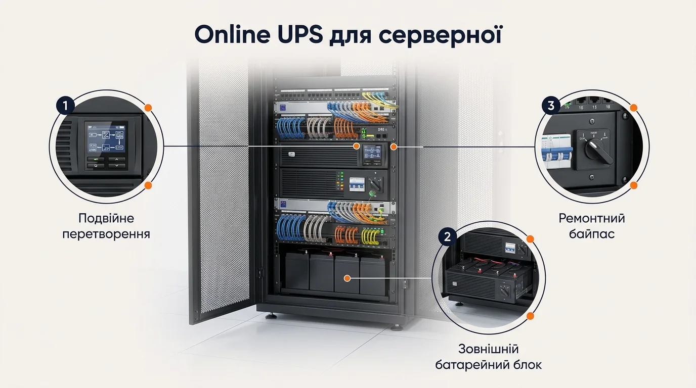 Інфографіка: Online UPS для серверної: коли інвертор не замінює ДБЖ