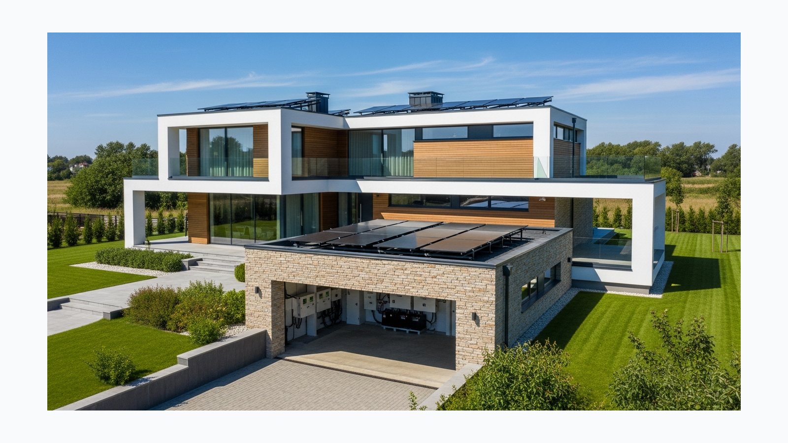 Гібридний дім 5-30 кВт під ключ - фотореалістична ілюстрація рішення SolarProm