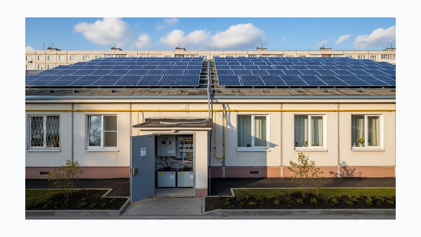 Автономне рішення для ОСББ 15-50 кВт і АКБ 15-60 кВт*год - фотореалістична ілюстрація рішення SolarProm