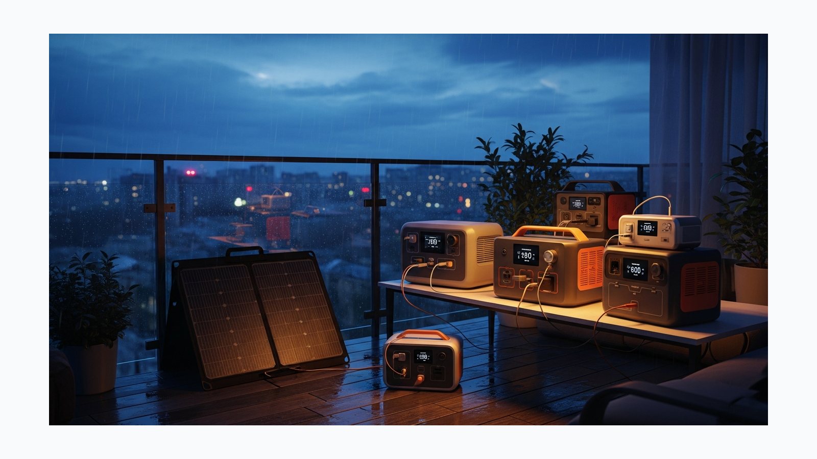 Портативні зарядні станції Jackery, EcoFlow, Bluetti - фотореалістична ілюстрація рішення SolarProm